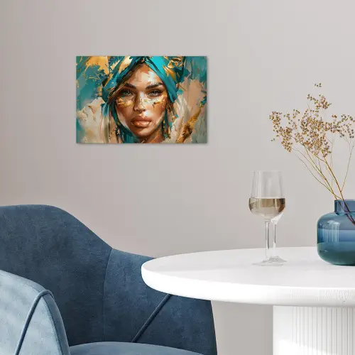 Vrouw - Portret - Goud - Luxe - Blauw poster papier klein -sfeer3