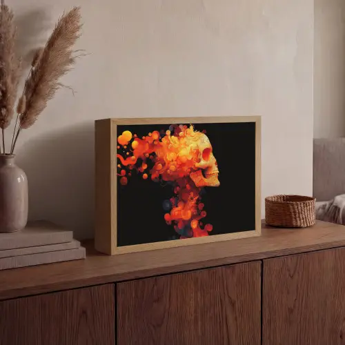 Schedel - Oranje - Zijaanzicht - Vlammen Light Box met batterij (Wandlamp) middel -sfeer2