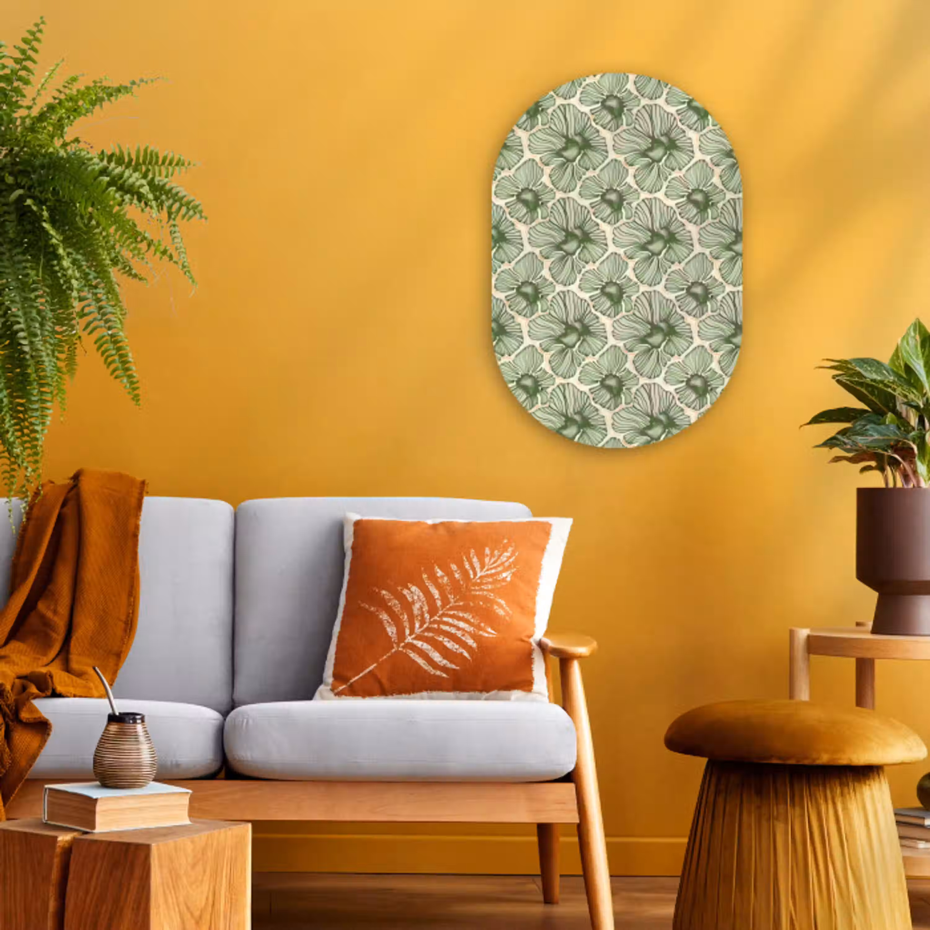 Groen - Botanisch - Bloemen - Organisch - Patroon Wandcirkel Ovaal Forex klein 630 -sfeer4