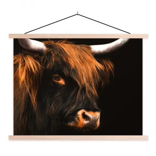 Schotse hooglander - Zwart - Koe - Hoorn - Dieren textielposter latten blank klein -3d