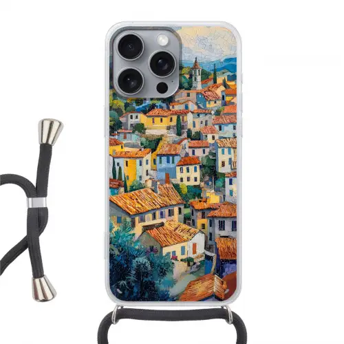 Dorp - Heuvels - Landschap - Bomen Hoesje iPhone 16 Pro Max met koord klein -3d