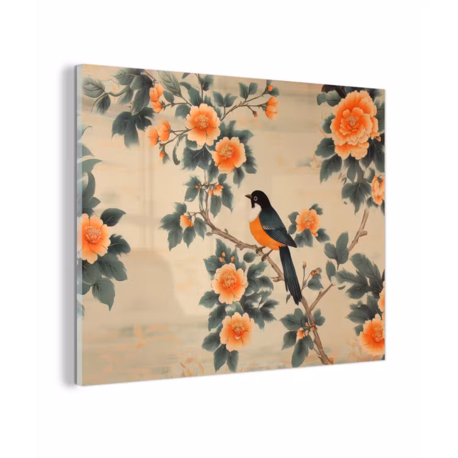 Glas schilderij - Vogel - Tak - Bloemen - Oranje