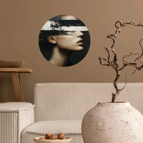 Gezicht - Vrouw - Zwart - Abstract Wandcirkel behangsticker klein -sfeer1