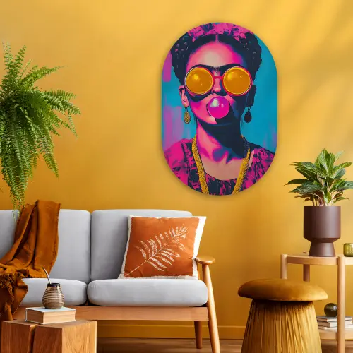 Vrouw - Kauwgom - Zonnebril - Oranje Wandcirkel Ovaal Glas middel -sfeer4