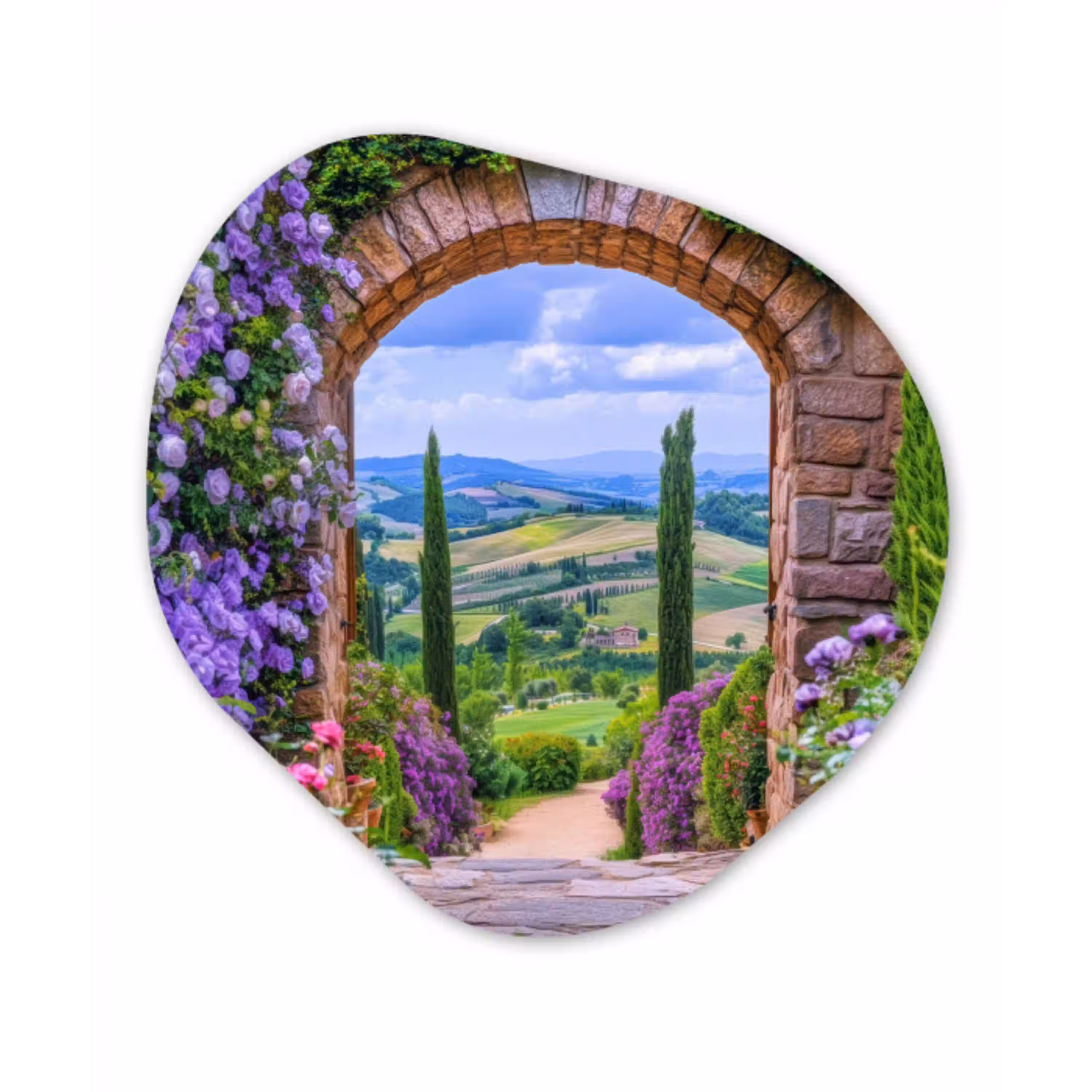 Doorkijk - Toscane - Landschap - Poort Wandcirkel Organisch Aluminium middel -3d
