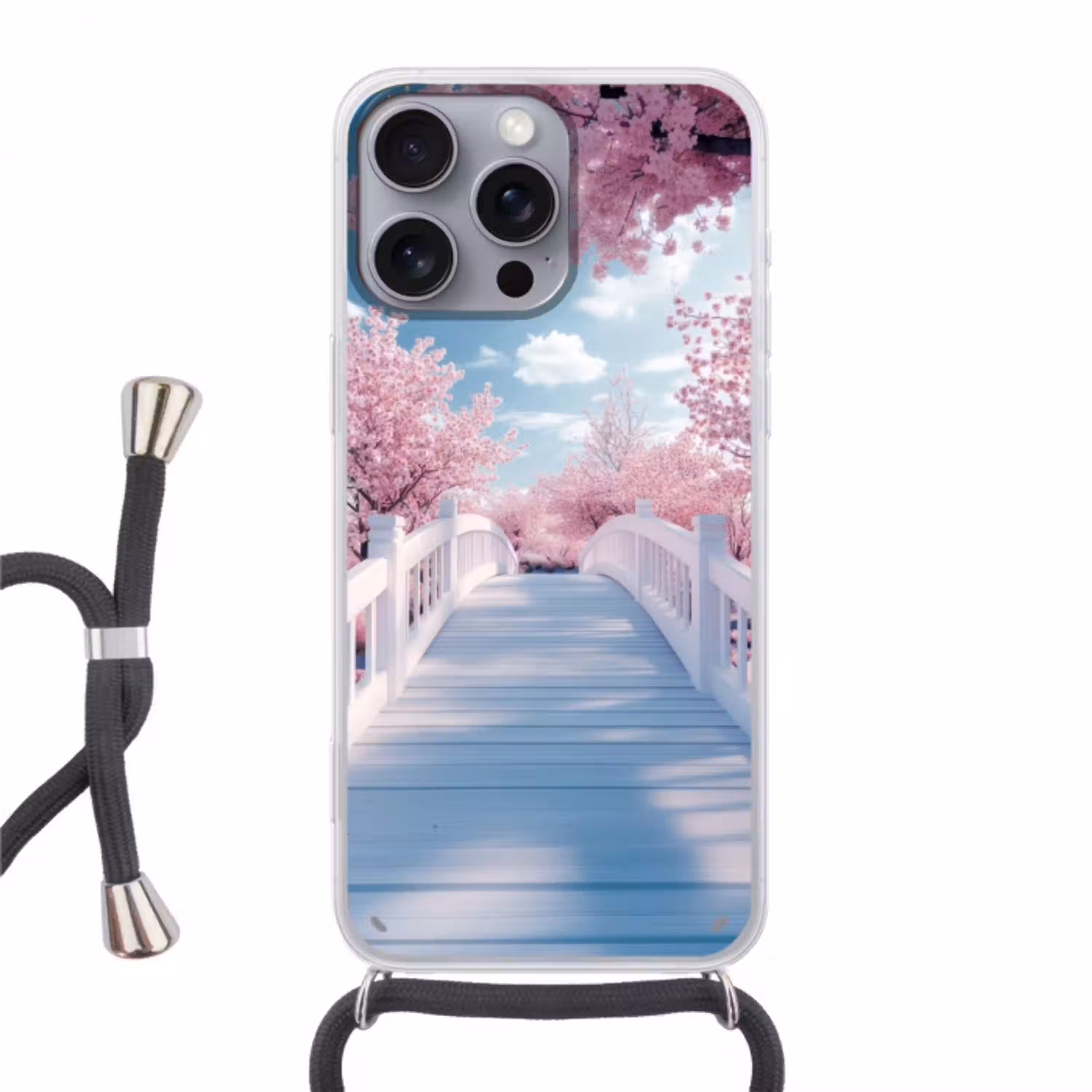 Brug - Kersenbomen - Wit Hoesje iPhone 16 Pro Max met koord klein -3d