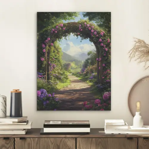 Doorkijk - Rozenboog - Uitzicht - Landschap - Bloemen PET vilt klein -sfeer1