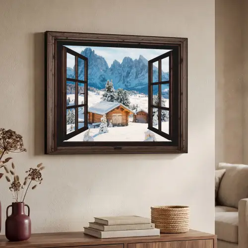 Doorkijk - Winter - Landschap - Huisje - Bergen Textielframe zwart klein -sfeer3