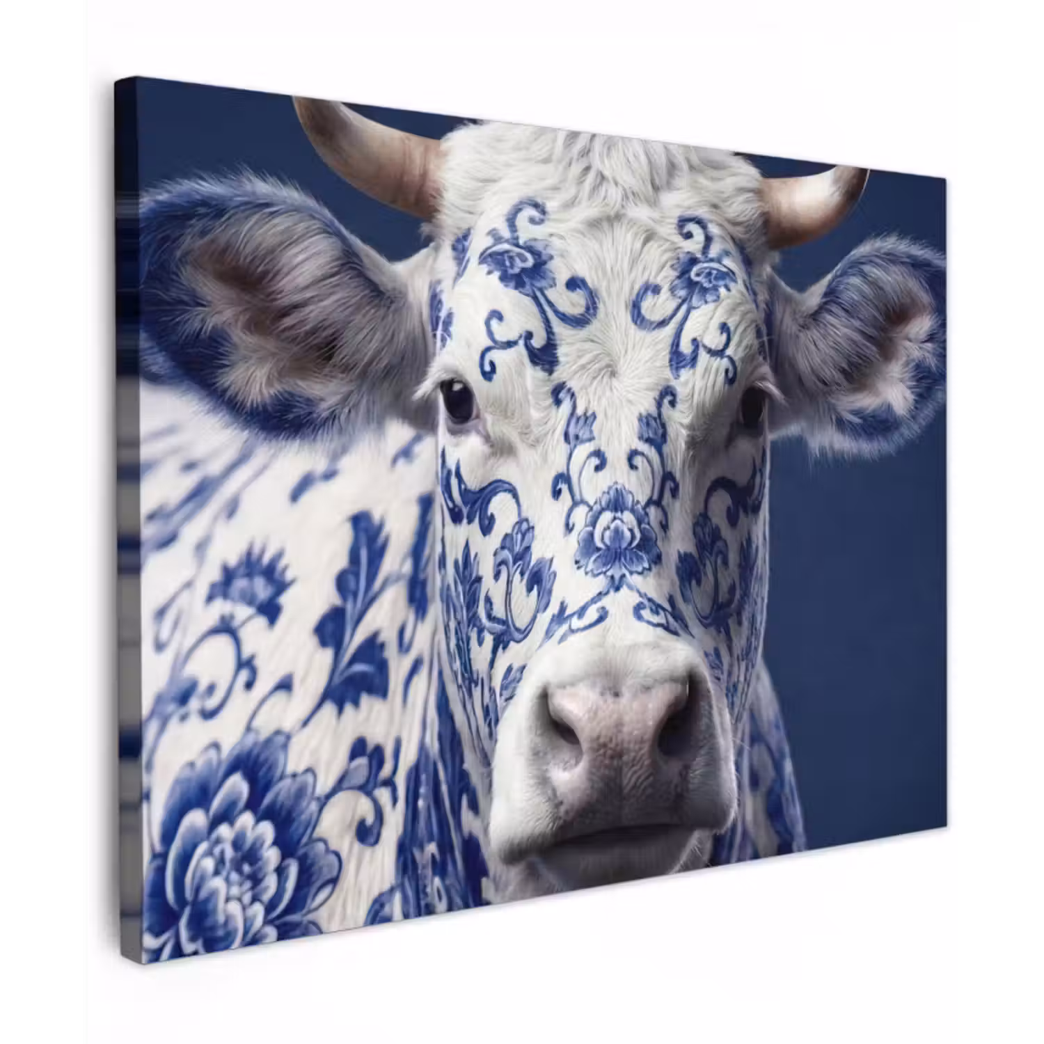Canvas schilderij - Koe - Delfts - Blauw - Artistiek