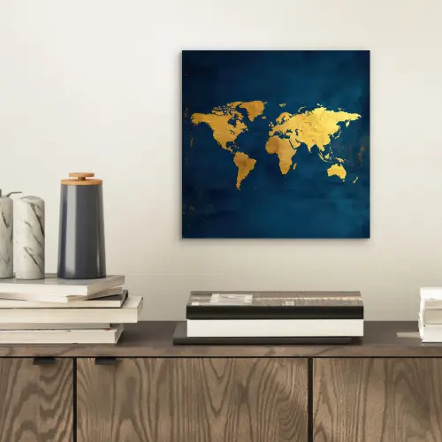 Wereldkaart - Goud - Donkerblauw aluminium wit klein -sfeer1