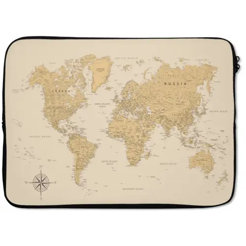 Wereldkaart - Realistisch - Beige laptophoes neopreen klein -zkaufland3dotto