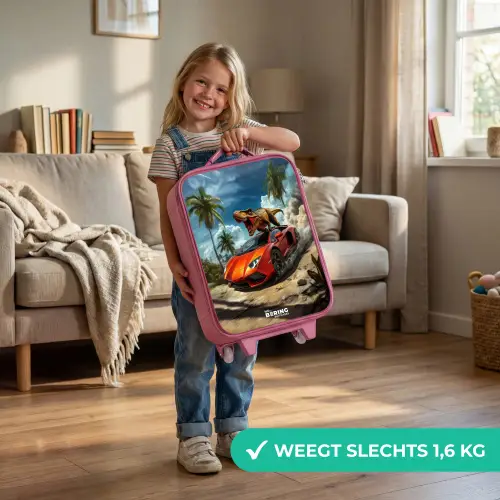 Rode sportauto met dino raast door tropisch strand Kinderkoffer - Roze klein -sfeer2_NL
