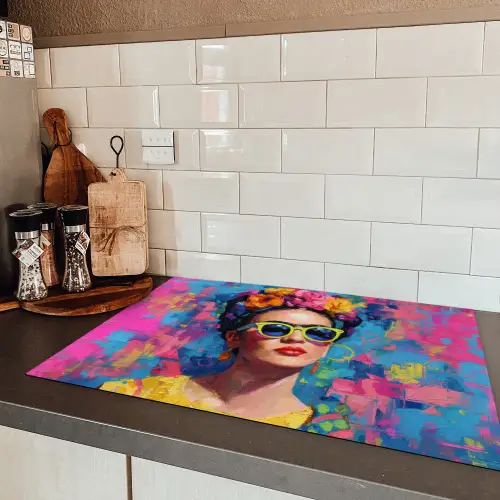 Vrolijk portret - Vrouw - Bloemenkroon Inductie beschermer vinyl 3mm klein -sfeer3