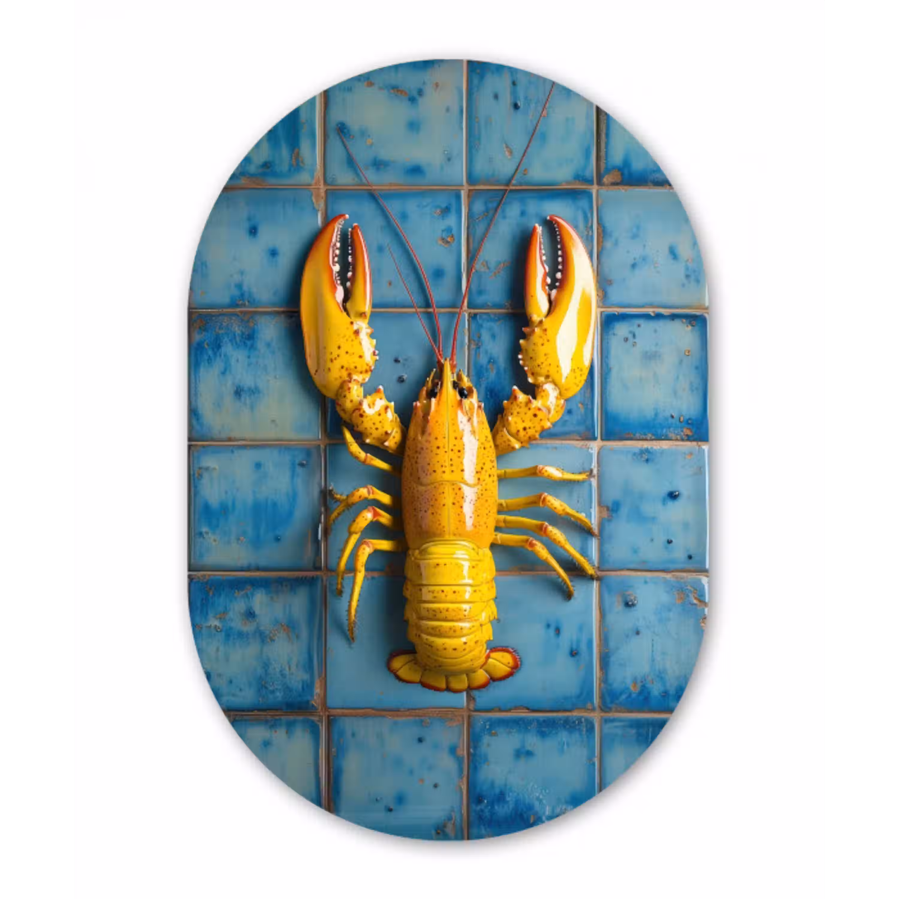 Kreeft - Geel - Blauw - Tegels Wandcirkel Ovaal Glas middel -3d