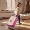 Blauwe dinosaurus op een beige stippenachtergrond Kinderkoffer - Roze klein -sfeer1
