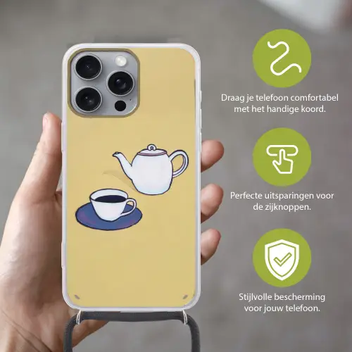 Theepot - Kopje - Beige - Illustratie Hoesje iPhone 16 Pro Max met koord klein -sfeer2_NL