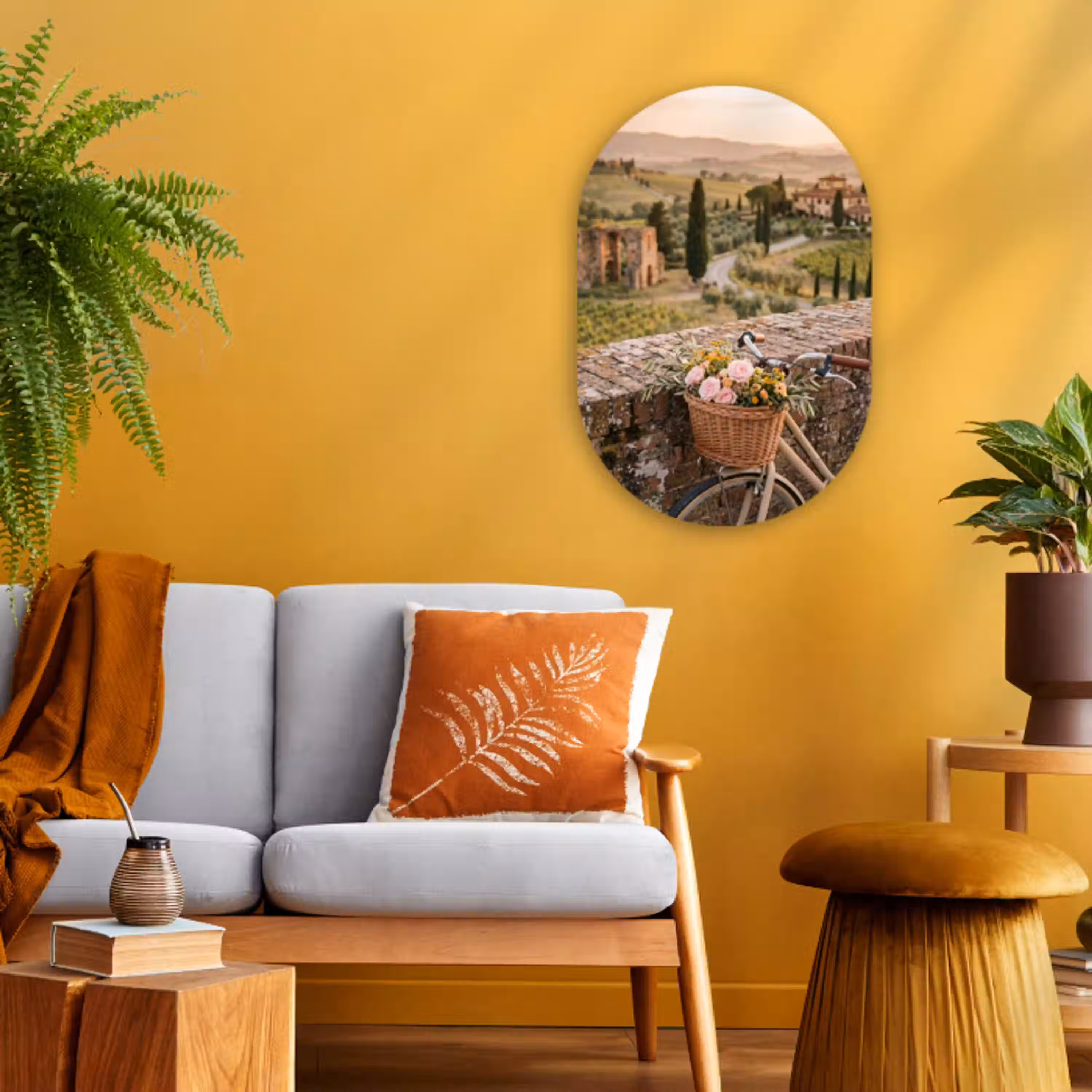 Fiets - Bloemen - Toscane - Landschap - Roze Wandcirkel Ovaal Forex klein -sfeer4