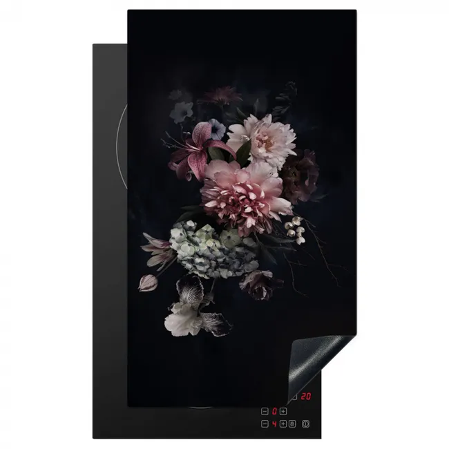 Bloemen - Vintage - Pastel - Zwart - Boeket Inductie beschermer vinyl 3mm middel -3d