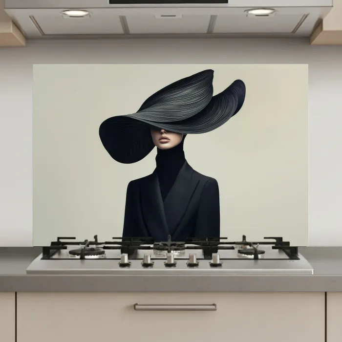 Zwart - Vrouw - Hoed keuken achterwand spatscherm klein -3d_website