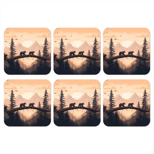 Beren - Bomen - Landschap - Zonsondergang onderzetter kurk middel -3d