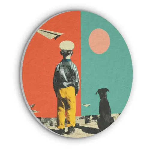 Retro - Jongen - Hond - Rood - Groen Akoestische PET Vilt - Rond klein -3d