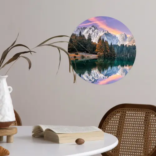 Bergen - Bos - Water - Lucht - Roze - Paars Wandcirkel behangsticker klein -sfeer3