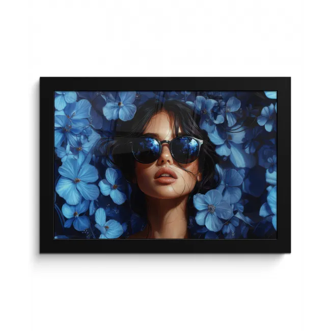 Vrouw - Blauw - Bloemen - Vlinders - Natuur fotolijst zwart zonder passe partout klein -3d