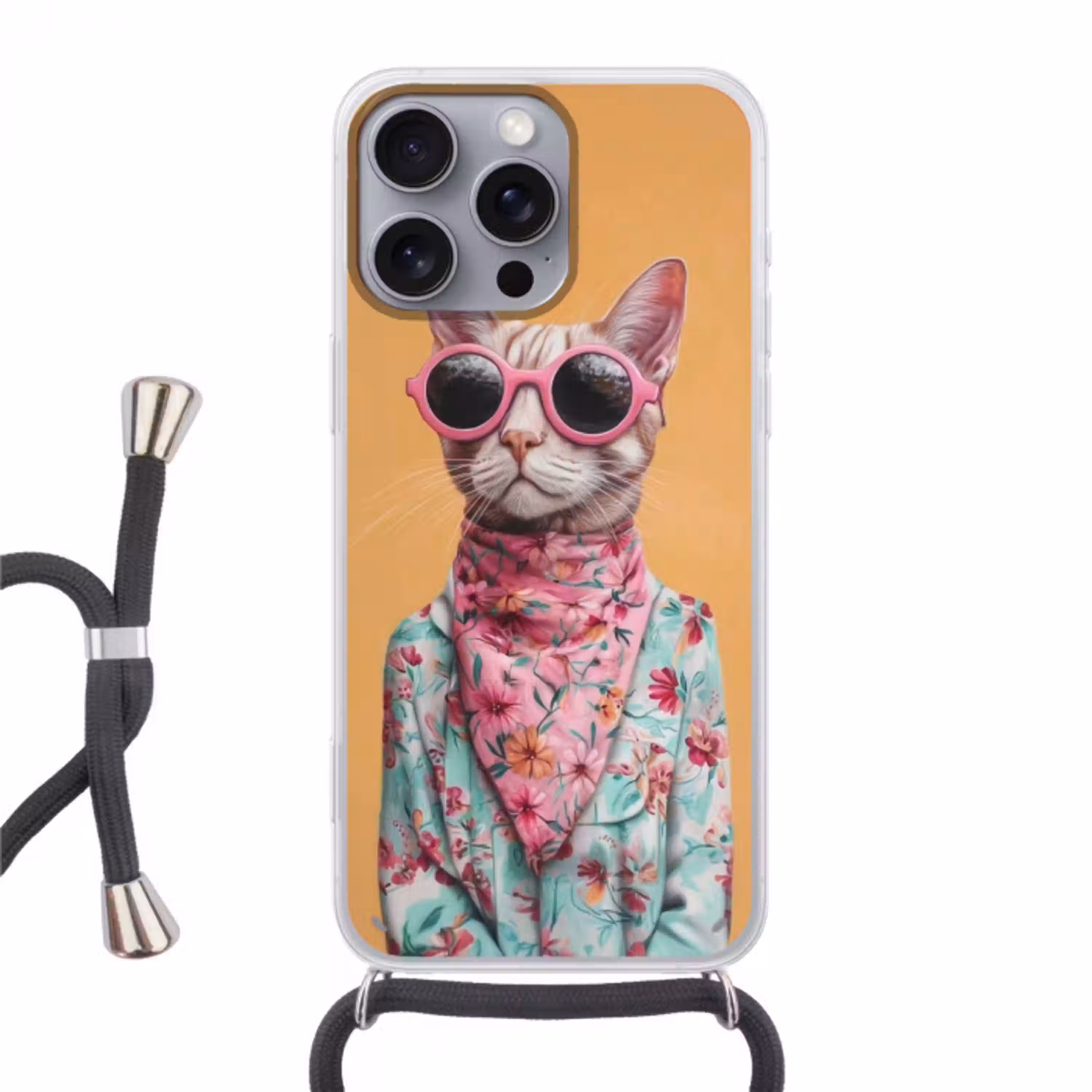 Zonnebril - Kat - Sjaal - Bloemen Hoesje iPhone 16 Pro Max met koord klein -3d