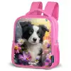 zwart witte puppy tussen kleurrijke bloemen Kinderrugzak - Roze middel -schuin