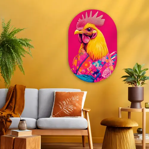 Haan - Kleurrijk - Kimono - Roze Wandcirkel Ovaal Glas middel -sfeer4