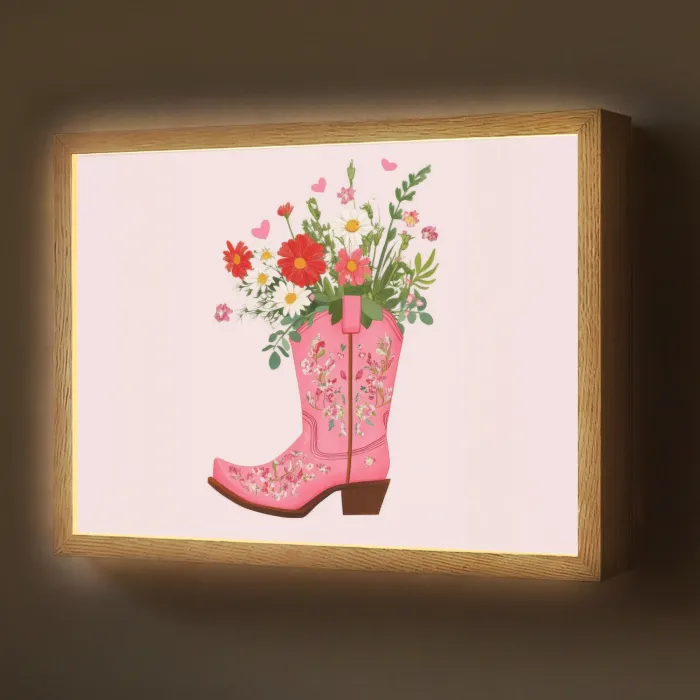 Cowboylaarzen - Roze - Boeket - Bloemen Light Box met batterij (Wandlamp) middel -z3d_website