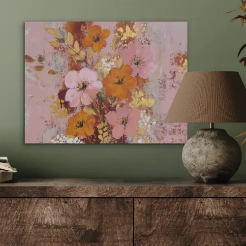 Schilderij - Bloemen - Rustiek - Roze PET vilt klein -sfeer2