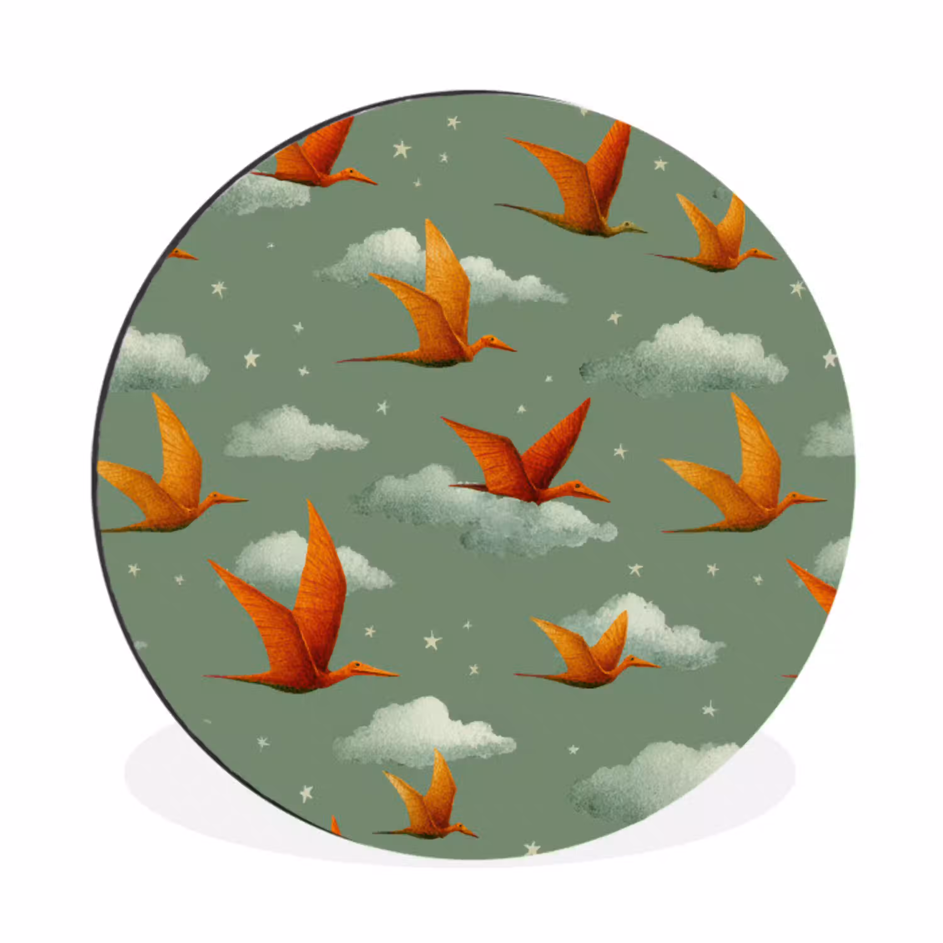 Dinosaurussen - Wolken - Sterren - Oranje Wandcirkel aluminium klein -3d