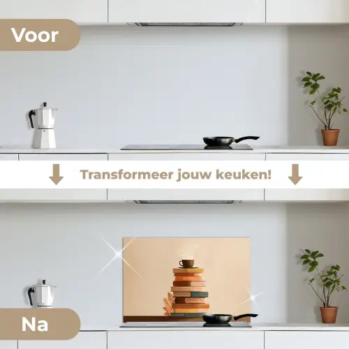 Boeken - Toren - Koffie - Beige keuken achterwand spatscherm klein -voor_na_NL