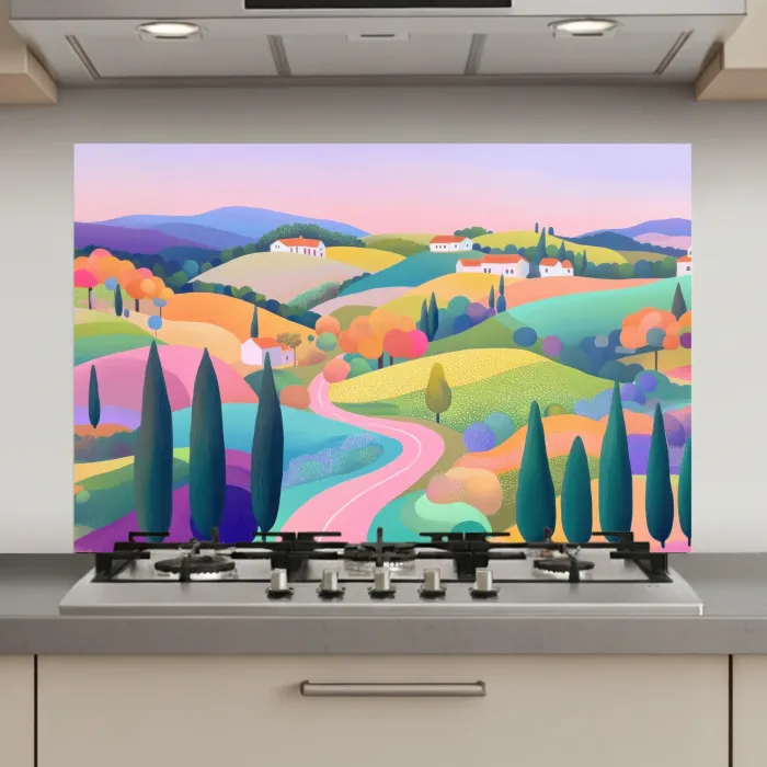Landschap - Paars - Pastel - Huizen keuken achterwand spatscherm klein -3d_website