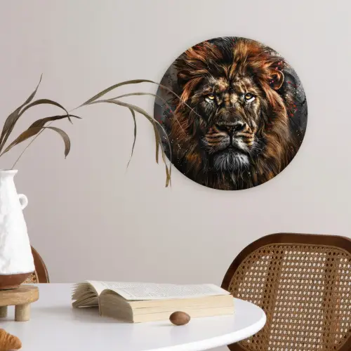 Leeuw - Dieren - Portret - Zwart - Luxe Wandcirkel kunststof plaat 5mm dik klein -sfeer4