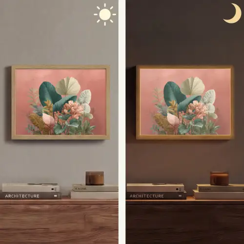 Tropische bladeren - Bloemen - Roze - groen Light Box met batterij (Wandlamp) middel -sfeer3