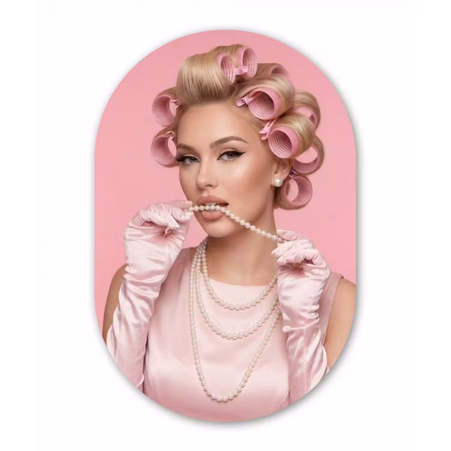 Alu-Dibond-Bild Oval - Frau - Rosa - Perlenkette - Lockenwickler