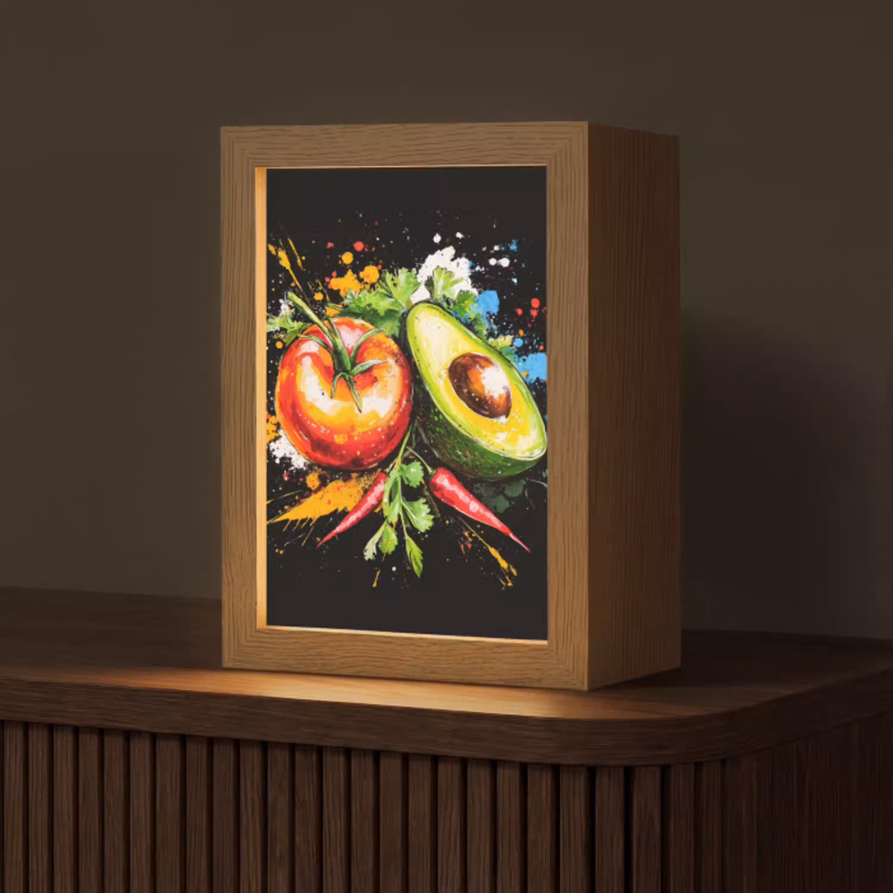 Tomaat - Avocado - Peper - Graffiti - Verf - Modern Light Box met kabel (Tafellamp) klein -z3d_website