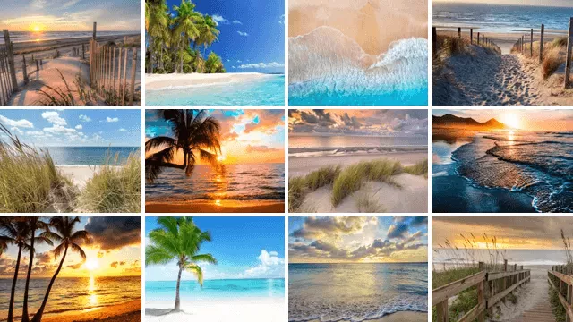 Verschillende voorbeelden van canvas schilderijen uit de 'Strand & Zee' collectie.