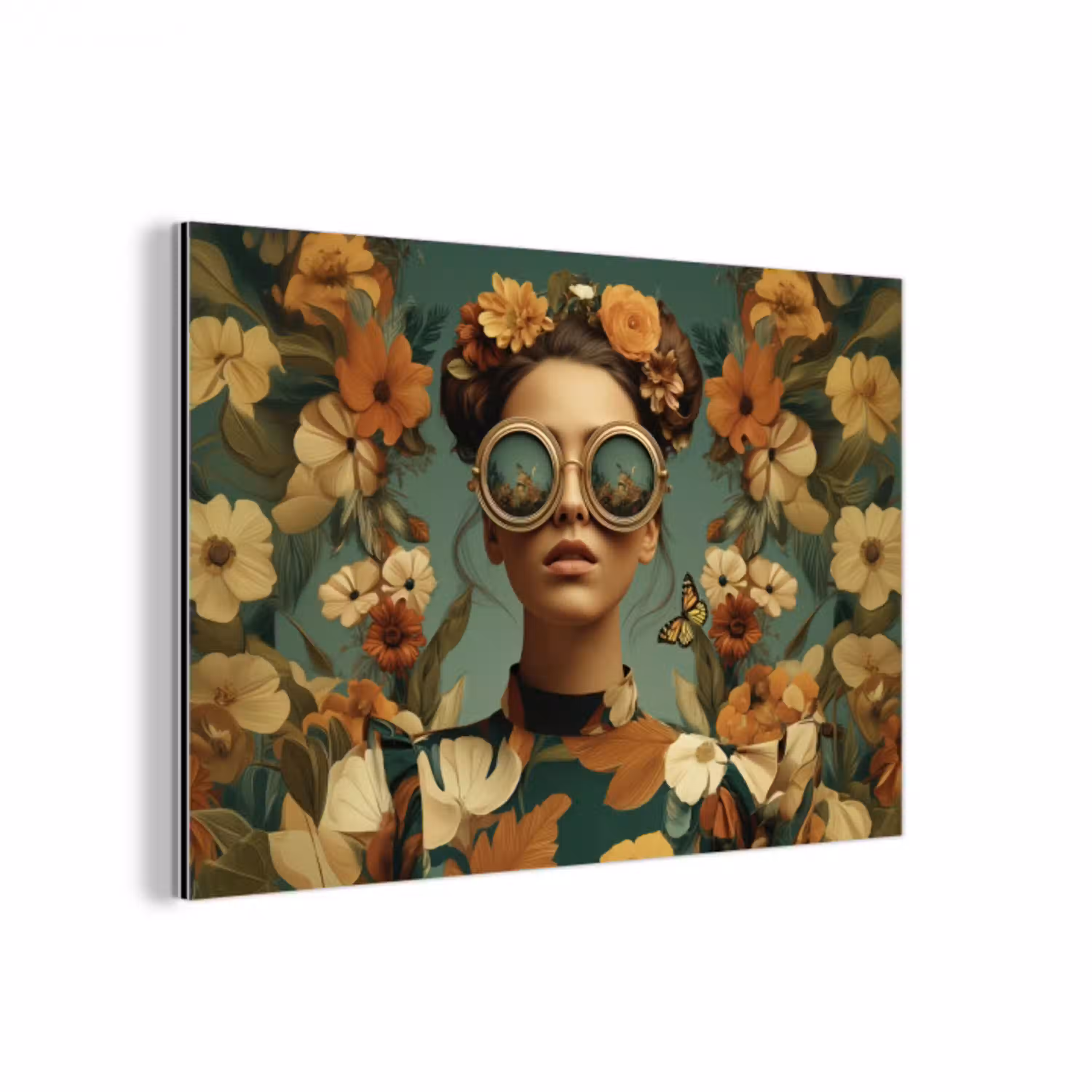 Bloemenkrans - Vrouwengezicht - Zonnebril - Oranje aluminium wit klein -3d