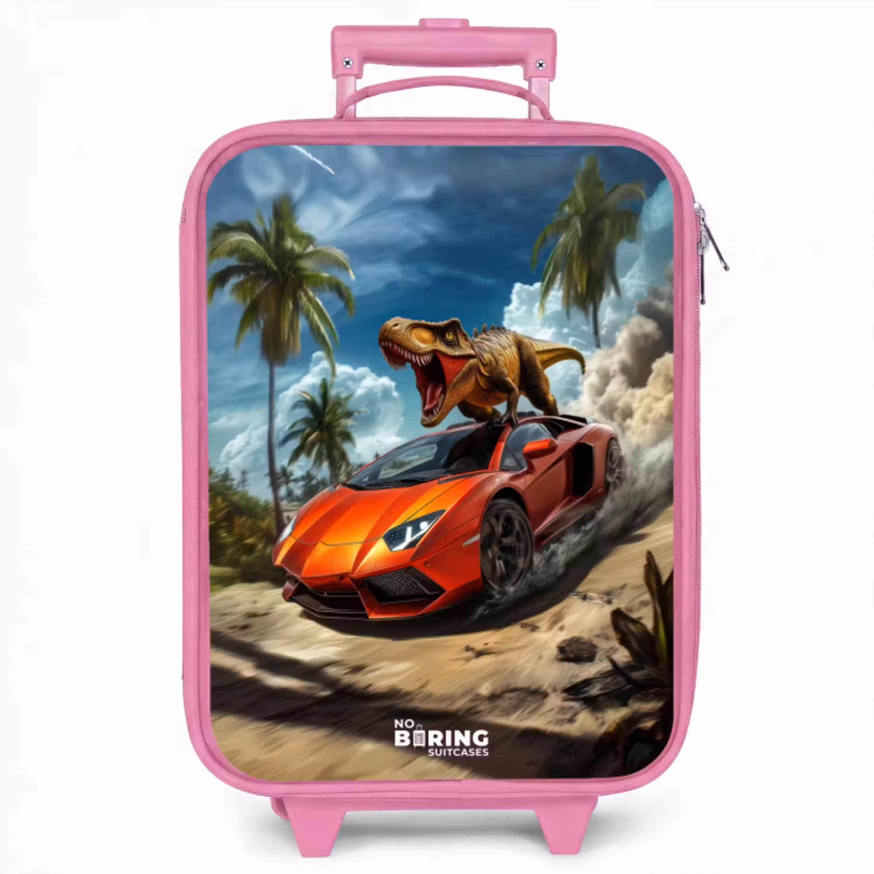 Rode sportauto met dino raast door tropisch strand Kinderkoffer - Roze klein -zzz_website3d