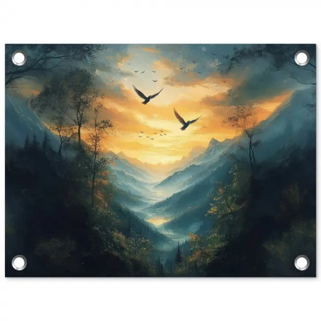 Vogels - Zon - Bomen - Groen tuinposter los doek klein -3d