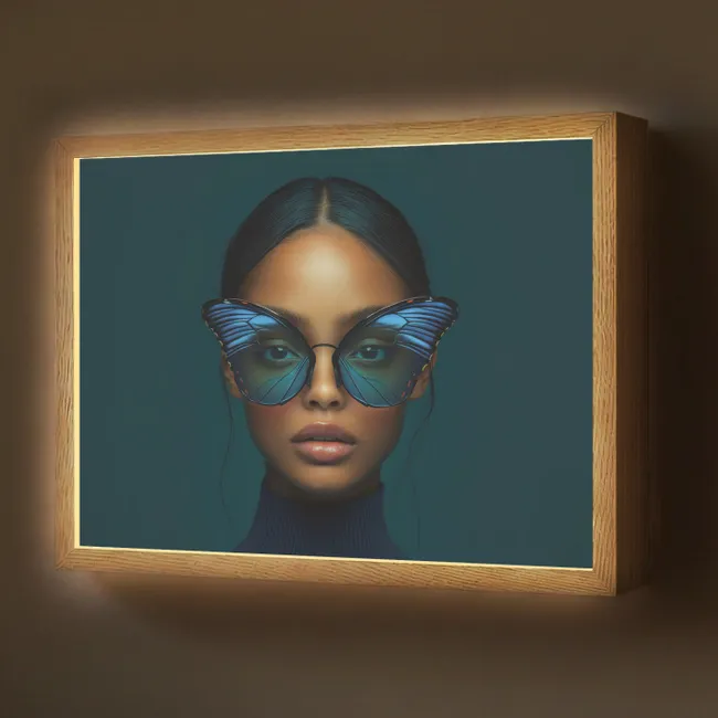 Lightbox - Wandleuchte - Frau - Schmetterling - Brille - Blau - Modern - Porträt