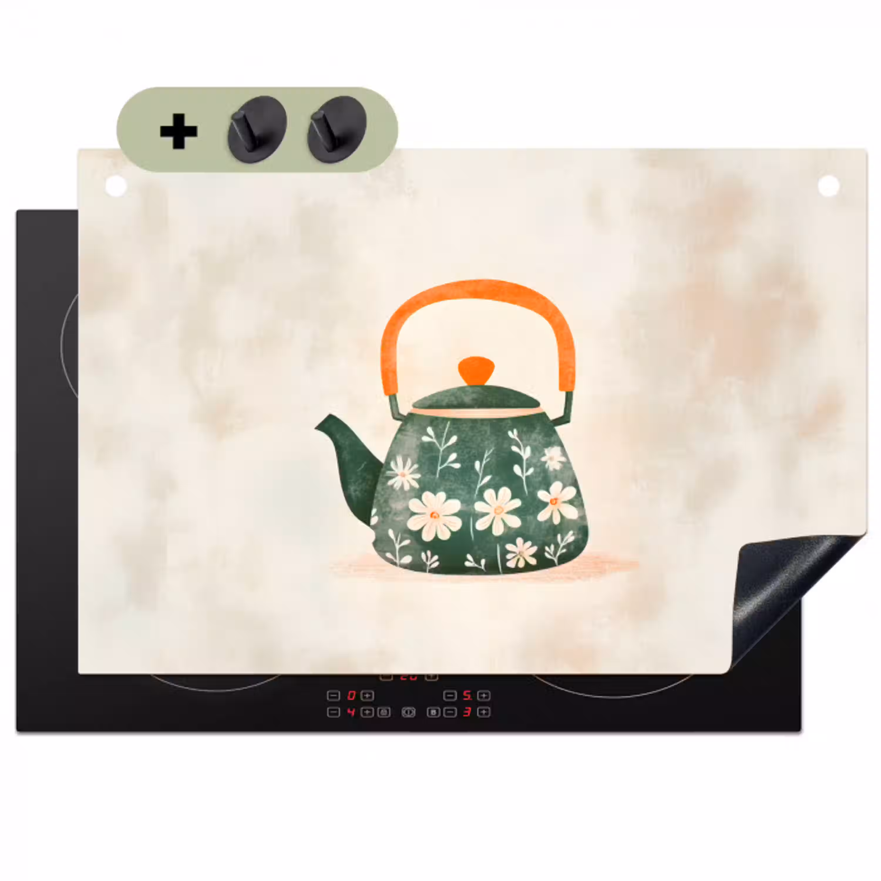 Theepot - Groen - Bloemen - Oranje Inductie beschemer met haakjes klein -3d