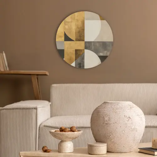 Abstract - Goud - Grijs - Vormen - Geometrisch Akoestische PET Vilt - Rond klein -sfeer1