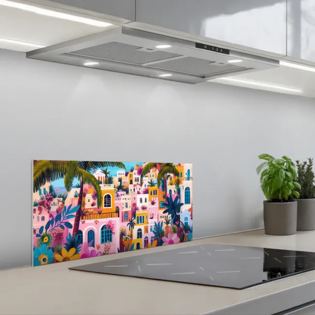 Kleurrijk - Roze - Oranje - Geel - Bloemen keuken achterwand spatscherm klein -3d_schuin