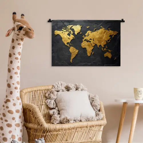 Wereldkaart - Goud - Steen Wandkleed katoen klein -wsfeer5_kind