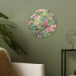 Papagaai - Hibiscusbloemen - Kleurrijk Akoestische PET Vilt - Rond klein -sfeer2