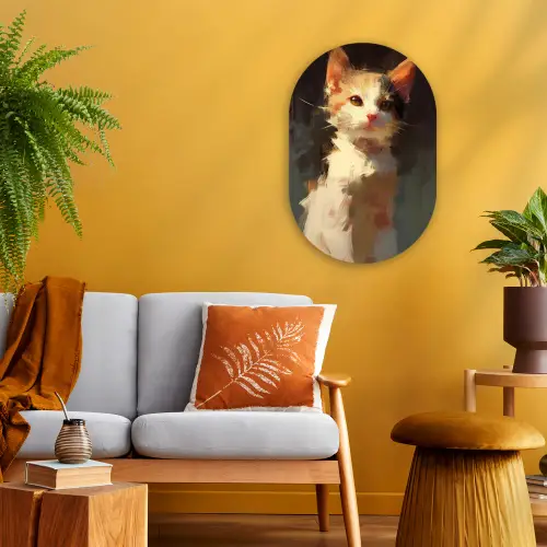 Kat - Geschilderd - Artistiek - Wit Wandcirkel Ovaal Forex klein -sfeer4